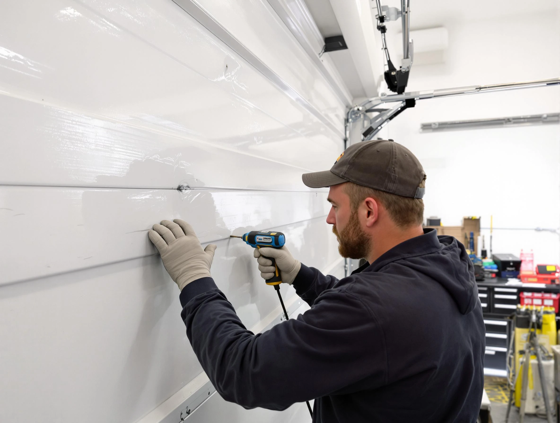 Provo Garage Door Repair technician demonstrating precision dent removal techniques on a Provo garage door